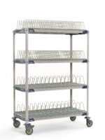 The MetroMax i PR48VX4 Mobile Drying Rack, with two tray and two pan racks, measures 26 x 50 x 68. It features four wire mesh shelves on caster wheels and a robust steel structure, making it ideal for secure industrial storage.