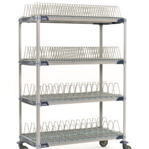 The MetroMax i PR48VX4 Mobile Drying Rack, with two tray and two pan racks, measures 26 x 50 x 68. It features four wire mesh shelves on caster wheels and a robust steel structure, making it ideal for secure industrial storage.