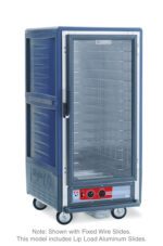 The Metro C537-HXFC-L-BUA C5 3 Series is a blue, 3/4 height insulated holding cabinet with a full-length clear door on wheels. It features lip load aluminum slides and bottom control panels, operating at 220-240V and 50/60Hz.