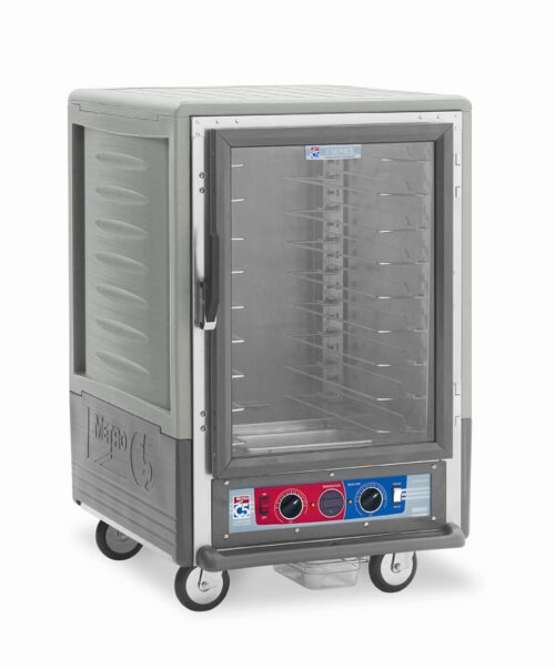 The Metro C5 3 Series Cabinet, model C535-CLFC-U-GYA, features a 60Hz operation with a full-length clear door and Universal Wire Slides. Its design includes adjustable shelves, mobility wheels, and a gray finish with an accented red control panel at the bottom.