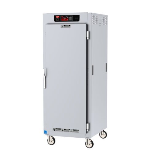 The Metro C589X-SFS-L is a tall, silver, full-height commercial holding cabinet on wheels featuring a digital display, handle, insulated solid door, and lip load aluminum slides. Operating at 220-240V and 1681-2000W, it keeps food at regulated temperatures.