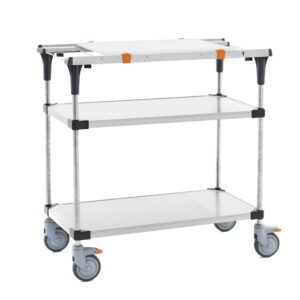 The Metro MS1836-FSFS-PK1 PrepMate MultiStation features solid stainless steel top and bottom shelves, stainless steel posts, four swivel casters with brakes for stability, and a silver frame with black and orange accents. Its the perfect 36 prep station equipped with Accessory Pack 1.