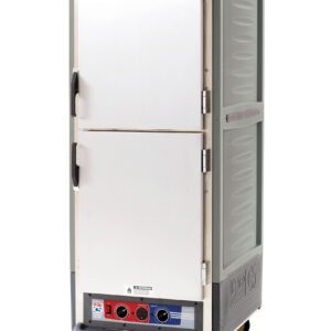 The Metro C539-MDS-L-GYA C5 3 Series is a full-height, mobile insulated moisture heated holding/proofing cabinet with Dutch solid doors, gray sides, handles on each door, and wheels. It features lip load aluminum slides and bottom red and blue control panels. Powered at 120V, 60Hz, 2000W.