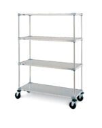 The Metro F536EG Super Erecta cart features a minimalist design with galvanized metal rods supporting four flat shelves, measuring 24 x 36 x 67.875, and is mounted on wheels for easy mobility.