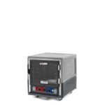 The Metro C533-CXFC-U-GYA C5 3 Series Insulated Holding/Proofing Cabinet, with a gray industrial design and full-length clear door, operates at 220-240V. Its red and blue dial control panel stands out against the plain white backdrop.