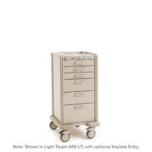 Discover the Metro MBPC3210TL Basix Plus Compact Medical Cart in light taupe. It boasts five spacious drawers, large wheels for effortless movement, and optional keyless entry for secure storage—ideal for medical environments.