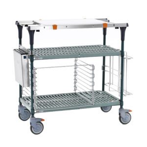 The Metro MS1836-PRPR-PK2 PrepMate MultiStation features Super Erecta Pro shelves, a blue-gray frame with black and orange accents, and a Metroseal Green Epoxy post setup. It has four wheels, side attachments with a metal document holder, and an empty wire basket.