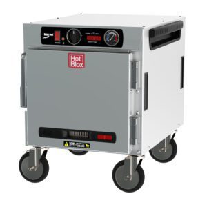 The Metro HBCN4-AS-UC HotBlox Narrow 4-Pan Insulated Undercounter Holding Cabinet has a silver body, black and red control panel with a HotBlox logo. It features a NEMA 5-15P plug for 120V, 60Hz operation, four wheels for mobility, and an analog temperature gauge above the door.