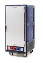 A tall, blue Metro C537-CFS-L-BU C5 3 Series insulated holding/proofing cabinet with a full-length solid door, featuring blue and red knobs on the bottom control panel, clear temperature display, and 120V power. Textured panels frame its left-side handle.