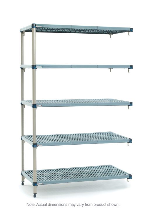 The MetroMax Q 5AQ327G3 5-Shelf Plastic Industrial Shelving Add-On Unit features five adjustable perforated shelves on four vertical rods, measuring 18 x 30 x 74, against a plain white background. Note: Dimensions might vary from product shown.