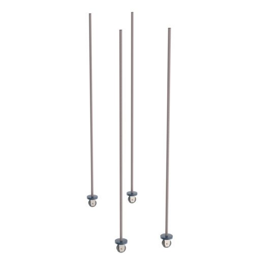Four long, thin metal rods attach to small black wheels, resembling the Metro BTMK4 qwikTRAK Mobile Unit Kit for Super Erecta Wire Shelving. The setup contrasts against a plain white background, showcasing the elegance of its Metroseal Gray Epoxy finish.