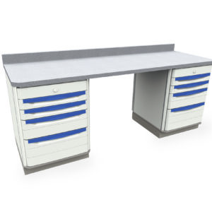 The Metro SXR30WC6 Starsys Workcenter features a white workbench, gray tabletop, two sets of blue/white drawers with handles (each set has four drawers), and a backsplash for modern functionality.