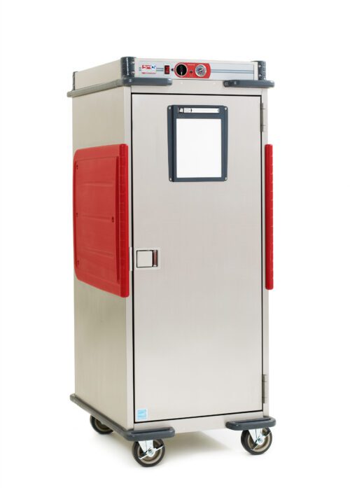 The Metro C5T9X-ASL Heated Transport Cabinet has a silver solid door with a front glass window, red handles, temperature control dials for 50/60Hz operation, and four caster wheels for full-height mobility.