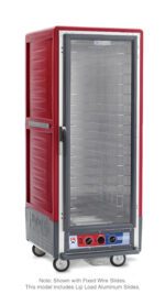 Introducing the Metro C539-MXFC-L C5 3 Series Heated Holding/Proofing Cabinet, a red full-height unit with a clear door and lip load aluminum slides, offering efficient storage. It operates at 220-240V, 50/60Hz, with 1681-2000W power and includes control knobs and wheels for mobility.