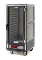 The Metro C537-HXFC-L-GYA is a gray, 3/4 height insulated holding cabinet with a full-length clear door and Lip Load Aluminum Slides. It has multiple metal shelves, operates at 50/60Hz, features controls and wheels for mobility, and is ideal for keeping food warm in catering or restaurant settings.