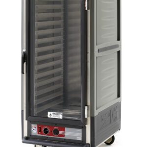 The Metro C537-HXFC-L-GYA is a gray, 3/4 height insulated holding cabinet with a full-length clear door and Lip Load Aluminum Slides. It has multiple metal shelves, operates at 50/60Hz, features controls and wheels for mobility, and is ideal for keeping food warm in catering or restaurant settings.