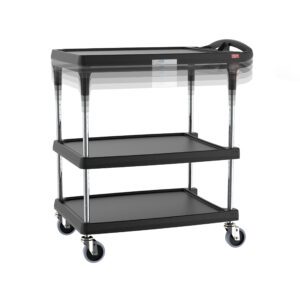 The black Metro MY2030-34BL-PL myCart Plus Series 3-Shelf Utility Cart, measuring 20 x 30, features height-adjustable shelves, silver legs, four blue casters, raised top shelf edges, and a side handle for effortless item transport.