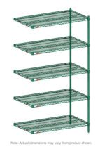Depiction of a Metro 5AN327K3 Super Erecta wire shelving add-on unit, with five vertically stacked shelves in Metroseal Green Epoxy. A note below indicates, Actual dimensions, 18 x 30 x 74, may vary from product shown.