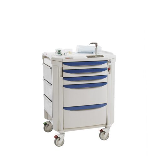 qcsg229boqbq1udlhxx86kl6f9h22xzp.jpg The Metro FLXAIR Flexline Airway Cart is a white cart featuring four blue drawers, a sturdy white top, and four wheels with colored locks for easy mobility. Its expertly designed to store essential medical supplies and equipment.