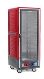The Metro C539-CLFC-U C5 3 Series Cabinet is a full-height, insulated holding/proofing unit in red with a clear door and universal wire slides. Featuring adjustable metal shelves and a digital control panel at the base, its expertly designed for efficiency and mobility.