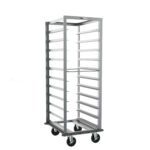 The Metro RF23NA33 Roll-In Refrigerator Pan Rack has 5 slide spacing and measures 23.375 x 28 x 64.75. It features multiple horizontal shelves for trays, gray continuous bumper, four black caster wheels for mobility, and is shown empty against a white background.