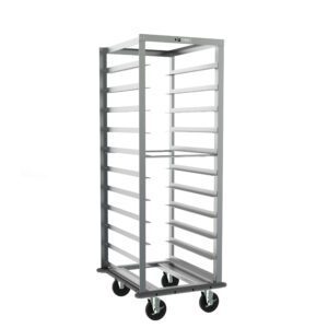 The Metro RF23NA33 Roll-In Refrigerator Pan Rack has 5 slide spacing and measures 23.375 x 28 x 64.75. It features multiple horizontal shelves for trays, gray continuous bumper, four black caster wheels for mobility, and is shown empty against a white background.