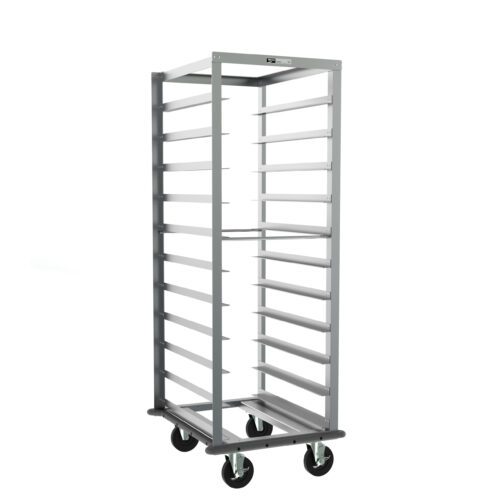 The Metro RF23NA33 Roll-In Refrigerator Pan Rack has 5 slide spacing and measures 23.375 x 28 x 64.75. It features multiple horizontal shelves for trays, gray continuous bumper, four black caster wheels for mobility, and is shown empty against a white background.