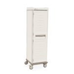 The Metro SXRS76MCATH1 Starsys Mobile Catheter Storage Cabinet is a single wide, beige medical cart with a 180 catheter capacity, two doors, and a central slot. It features horizontal lines for interior compartments and rolls smoothly on four wheels.