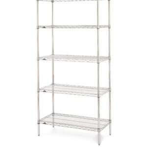 Introducing the Metro 5N427BR Super Erecta 5-Shelf Industrial Wire Shelving Starter Unit in brite finish, sized at 21 x 30 x 74, featuring adjustable metal wire shelves on support poles. Please note, dimensions might slightly differ from those depicted.
