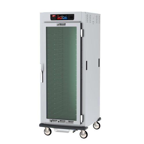 The Metro C599X-SFC-UPFSA C5 9 Series is a full-height, pass-thru heated holding and proofing cabinet with a clear glass door for visibility. It features universal wire slides, digital top-panel temperature controls, and mobility on wheels. Suitable for 220-240V, 50/60Hz environments.