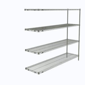 The Metro AN376C Super Erecta 4-Shelf Industrial Wire Shelving Add-On Unit (18 x 72 x 63) in chrome features a stylish design with three shelves on one side and four on the other, ideal for customization against a plain white background.