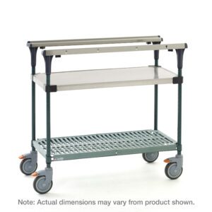 The Metro MS1830-FSPR PrepMate MultiStation 30 prep station features a solid stainless steel top shelf, a Super Erecta Pro bottom shelf with Metroseal Green Epoxy posts, side handles, and caster wheels for mobility. Note: Dimensions may vary from those shown.