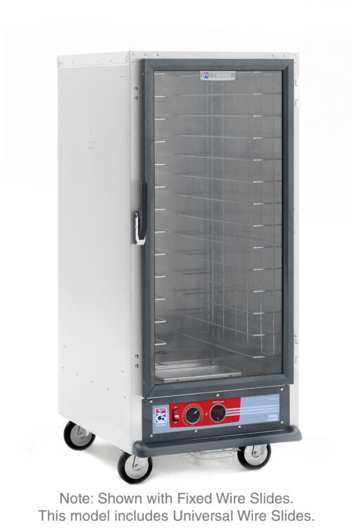 qrbhthsnx7rtpq4rx6z029dne2uaavf5.jpg The Metro C517-HXFC-UA C5 1 Series Holding Cabinet features a 3/4 height stainless steel design with glass door, universal wire slides, and wheels for mobility. It operates on 220-240V power with front-panel temperature controls and numerous shelves.