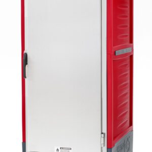 The Metro C539-CXFS-UA C5 3 Series Insulated Holding/Proofing Cabinet operates on 220-240V and features a red design with a solid silver front door. It is mobile with wheels, equipped with control knobs and indicator lights for temperature management, and includes universal wire slides.