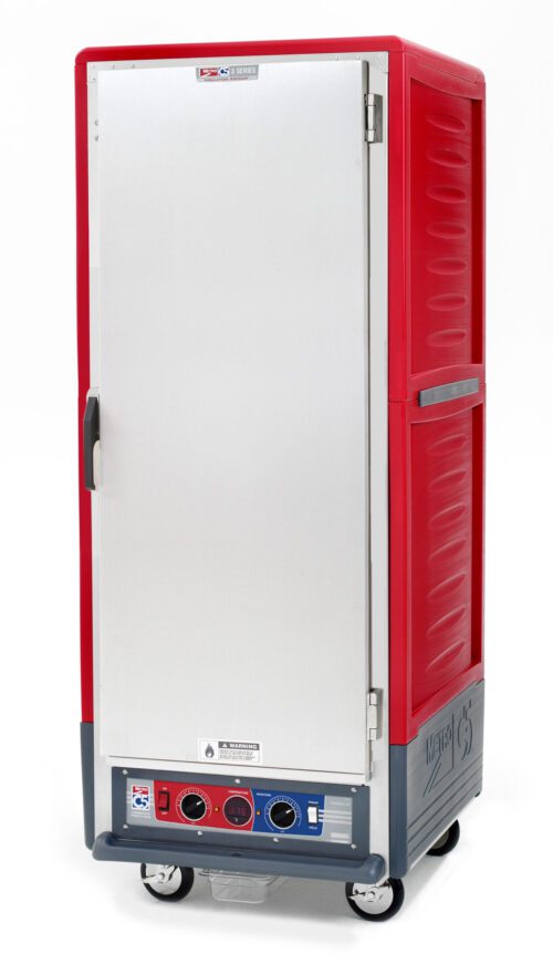 qsa1zrdsrm87fcwrzhtqv6vj7err3mhb.jpg The Metro C539-CXFS-UA C5 3 Series Insulated Holding/Proofing Cabinet operates on 220-240V and features a red design with a solid silver front door. It is mobile with wheels, equipped with control knobs and indicator lights for temperature management, and includes universal wire slides.