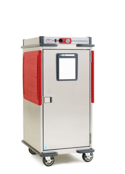 qscd9a0bby363promulfv7k3q7z346ro.jpg The Metro C5T8X-ASL C5 T-Series Heated Transport Cabinet is a stainless steel food cart with red plastic accents, featuring 50/60Hz compatibility, a small window and latch on the door, and sits on four wheels. The top has a control panel with knobs and dials for easy operation.