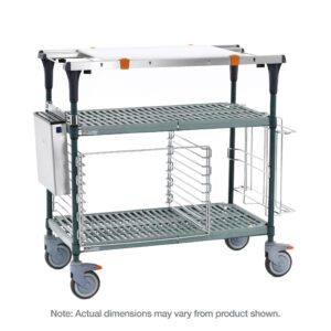 The Metro MS1848-PRPR-PK2 PrepMate MultiStation 48 Prep Station, with Super Erecta Pro top and bottom shelves, features Metroseal Green Epoxy posts, three tiers, a white top shelf, four gray wheels, rack attachments, and a side metal box.