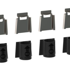 The Metro EZA-SCKIT Super Erecta EZ-ADD Corner Hardware Kit, Pack of 4, includes four metal clips and four black plastic components with arrows and NSF logos for easy assembly and reliable support.