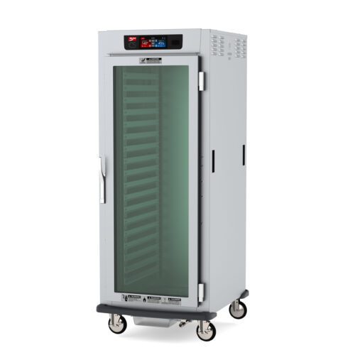 The Metro C599X-SFC-LA C5 9 Series is a full-height, stainless steel heated holding and proofing cabinet with controlled humidity. It features a clear door, lip load aluminum slides, multiple shelves, and a digital control panel. Its mounted on wheels for easy mobility.