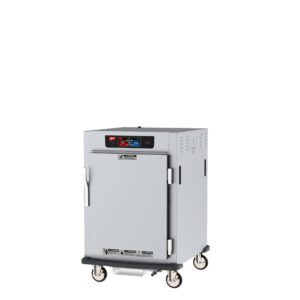 The Metro C595X-SFS-UPFC C5 9 Series Heated Holding and Proofing Cabinet boasts a gray metallic exterior, a digital control panel, operates at 220-240V, 50/60Hz (1681-2000W), and features front door access, side vents, and four swiveling caster wheels for easy mobility.