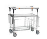 The Metro MS1836-FGBR-PK2 PrepMate MultiStation features a solid galvanized top shelf with raised edges and a Brite Zinc wire bottom shelf, chrome posts, four large wheels, vertical dividers, orange accents, and a side attachment.