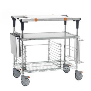 The Metro MS1836-FGBR-PK2 PrepMate MultiStation features a solid galvanized top shelf with raised edges and a Brite Zinc wire bottom shelf, chrome posts, four large wheels, vertical dividers, orange accents, and a side attachment.