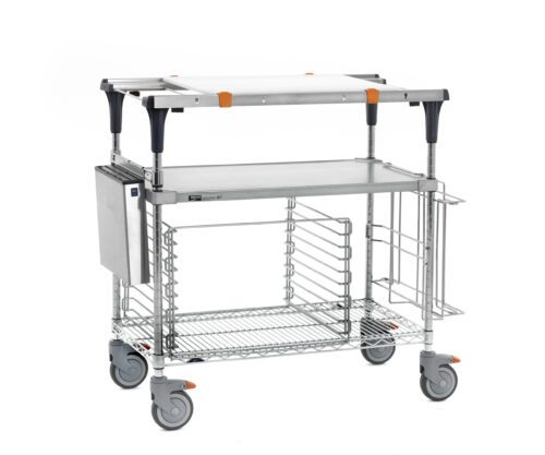 The Metro MS1836-FGBR-PK2 PrepMate MultiStation features a solid galvanized top shelf with raised edges and a Brite Zinc wire bottom shelf, chrome posts, four large wheels, vertical dividers, orange accents, and a side attachment.