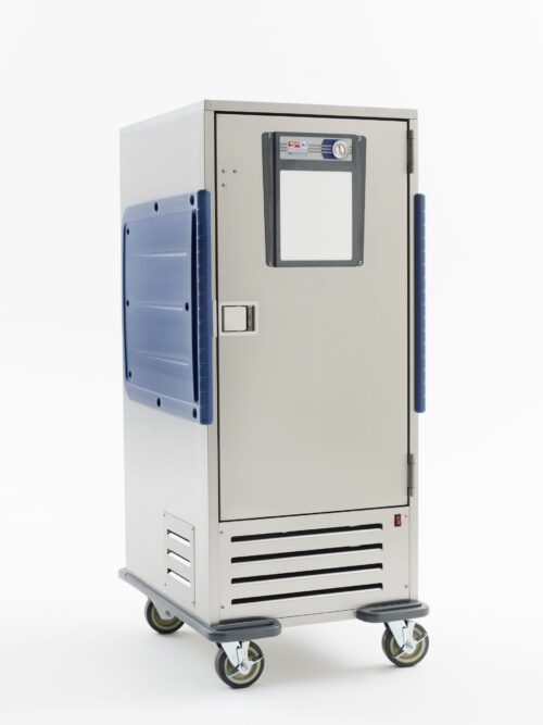 The Metro C5R9X-SF C5 R-Series is a tall, rectangular stainless steel refrigerated transport cabinet with a windowed door, blue side handles, and caster wheels. It operates at 220-240V and 50Hz, features control dials, a bottom vent, and fixed lip load slides for convenient access.