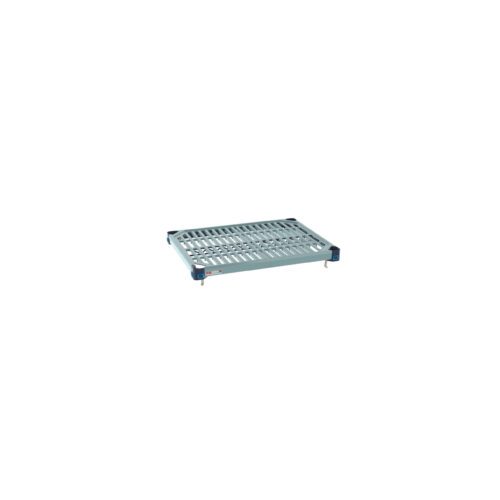 r4n7f110qp9uqmpighv9avgskv1d8x11.jpg The MetroMax Q MQ1824G Plastic Industrial Shelf with Grid Mat (18 x 24) features a metal slatted platform with short legs, visible slats, and corner connectors for commercial or industrial use.