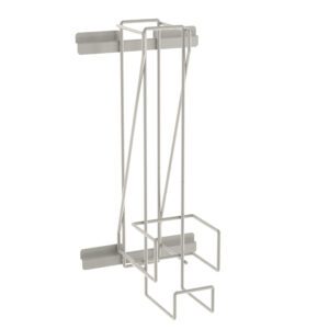 Wall-mounted silver wire storage rack featuring the Metro FL234 Flexline Oxygen Tank Holder, designed for all size carts with a 4 diameter. Its vertical design with rectangular frames and rails includes top and bottom mounting brackets, perfect for efficiently organizing kitchen or bathroom spaces.