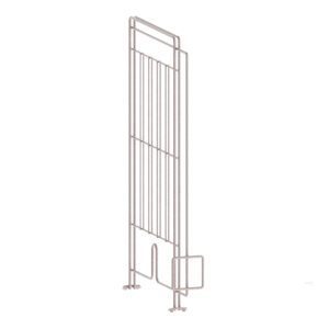 The Metro PBDIV14-1NK4 Divider is crafted for 14 wide Super Erecta wire shelves, boasting a simple beige wire design with vertical and horizontal bars. It includes small feet for stability and a rectangular section extending outward near the base.