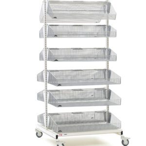 The Metro QB248-M12A qwikSIGHT Double-Sided 12-Basket Shelving Add-On Unit, 48 L, features six angled mesh baskets for storage or display and is mounted on four wheels. Basket size offers versatile use. Note: Dimensions may vary from product shown.