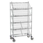 The Metro DC36EC Super Erecta Slanted Shelf Rack has five 18 x 36 angled shelves, a sleek silver metal frame, and swivel casters for easy mobility and access.