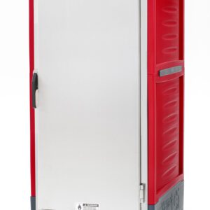 The Metro C539-HLFS-4 C5 3 Series Insulated Holding Cabinet is a full-height, solid door food transport unit with fixed wire slides and red insulation. Equipped with a bottom control panel, top handle, and label, it operates at 120V/60Hz/1440W to keep meals warm on the go.
